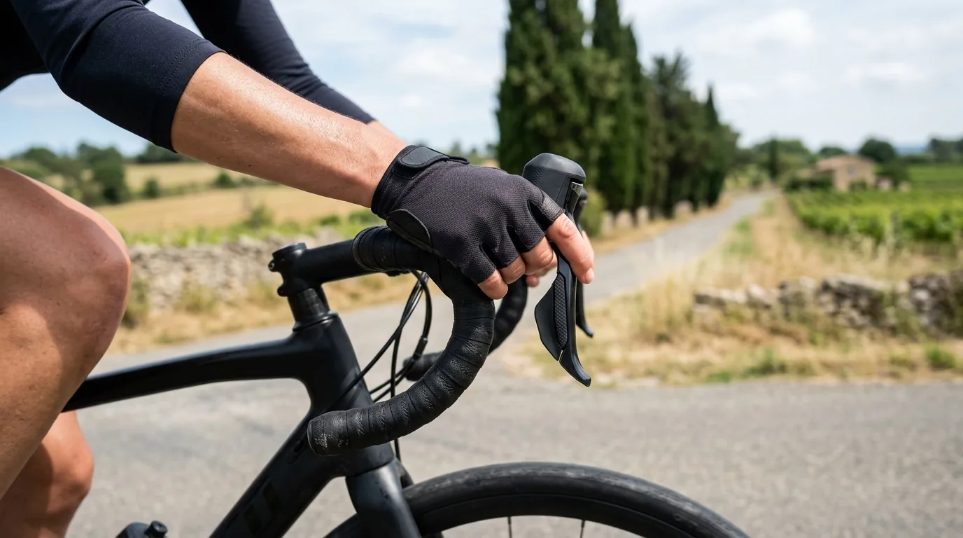 Gros plan sur les mains d'un cycliste sur le cintre d'un vélo de route avec les commandes de vitesses
