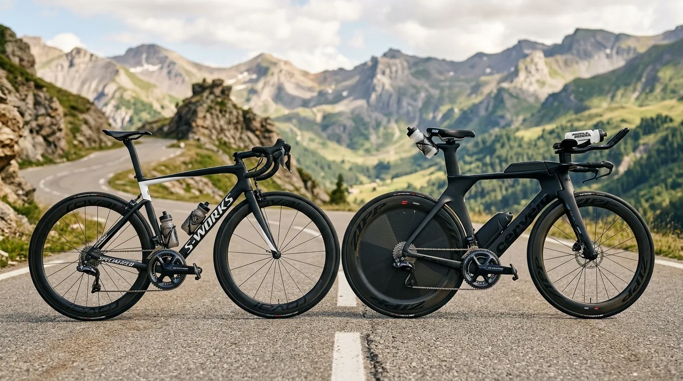 Vélo de route et vélo de triathlon à prolongateurs côte à côte, deux géométries différentes