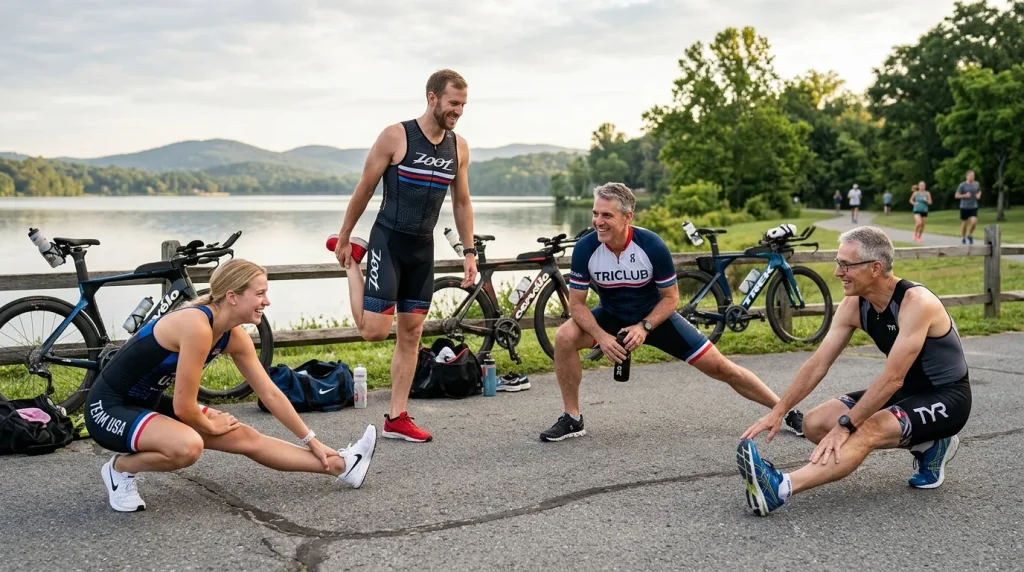 Groupe de triathlètes d'âges différents s'échauffant ensemble avant une séance d'entraînement