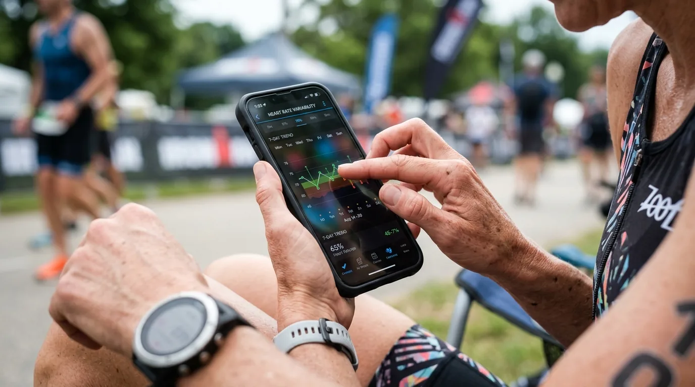 Triathlète consultant l'historique de tendance de sa VFC sur une application mobile