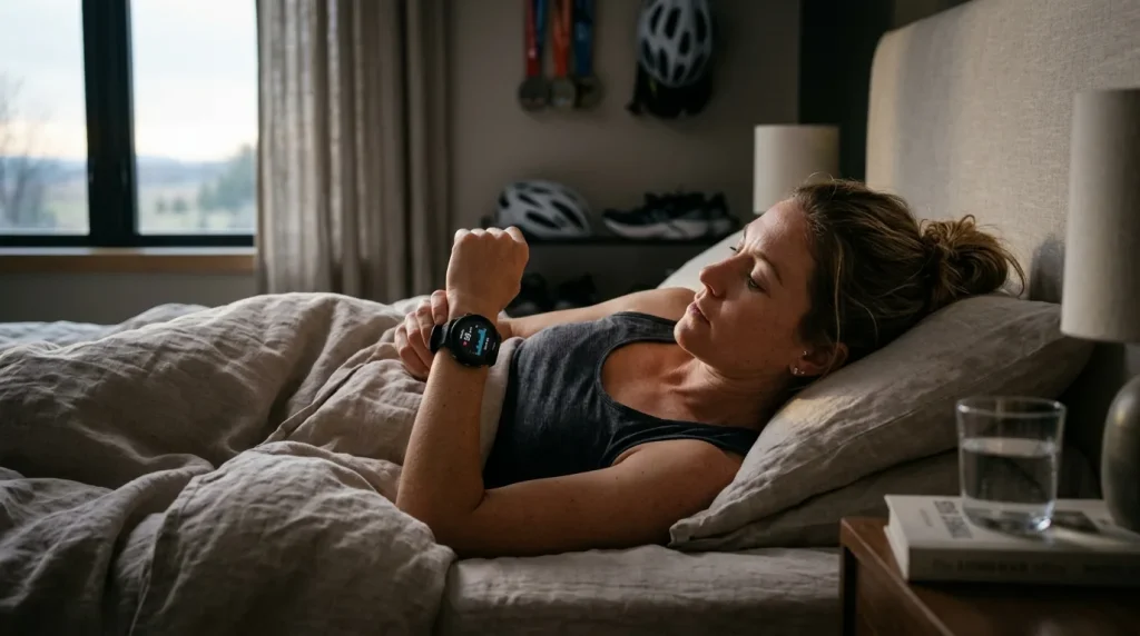 Triathlète au réveil consultant sa VFC sur sa montre connectée avant l'entraînement