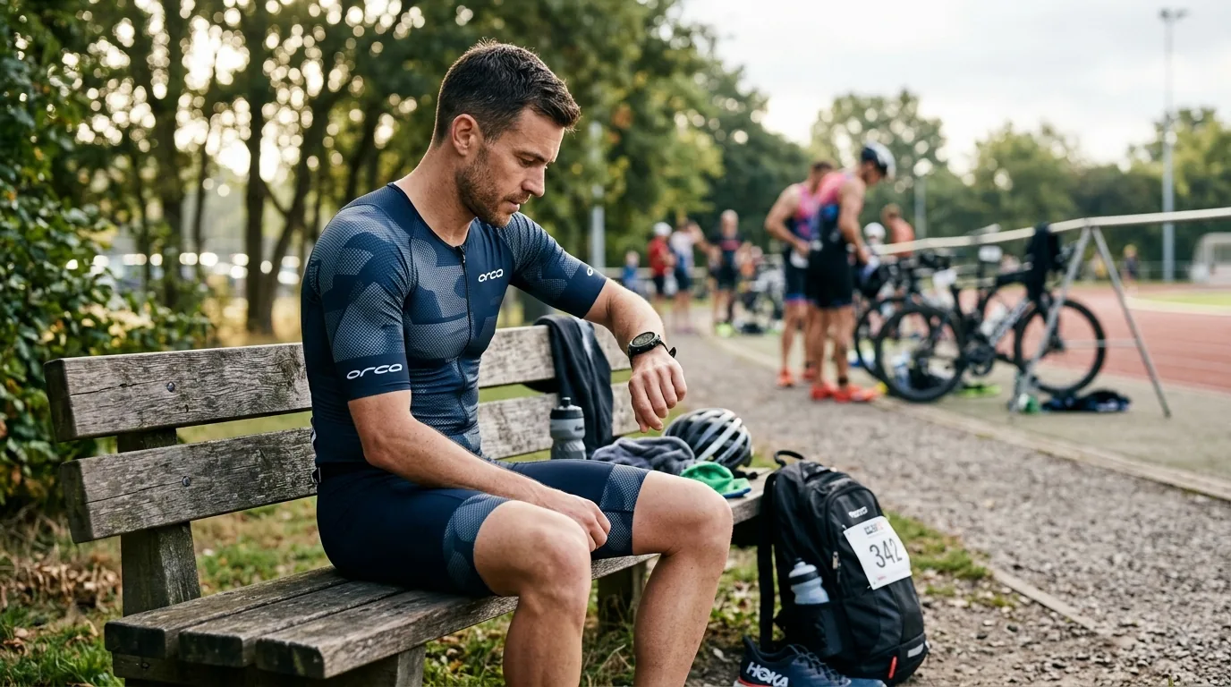 Triathlète consultant l'écran de statut VFC de sa montre avant une séance d'entraînement